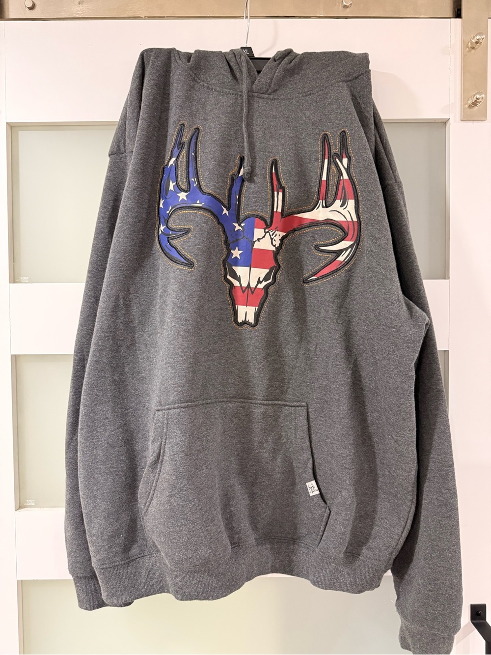 Men's Gray Hoodie with American Flag Buck Skull Graphic